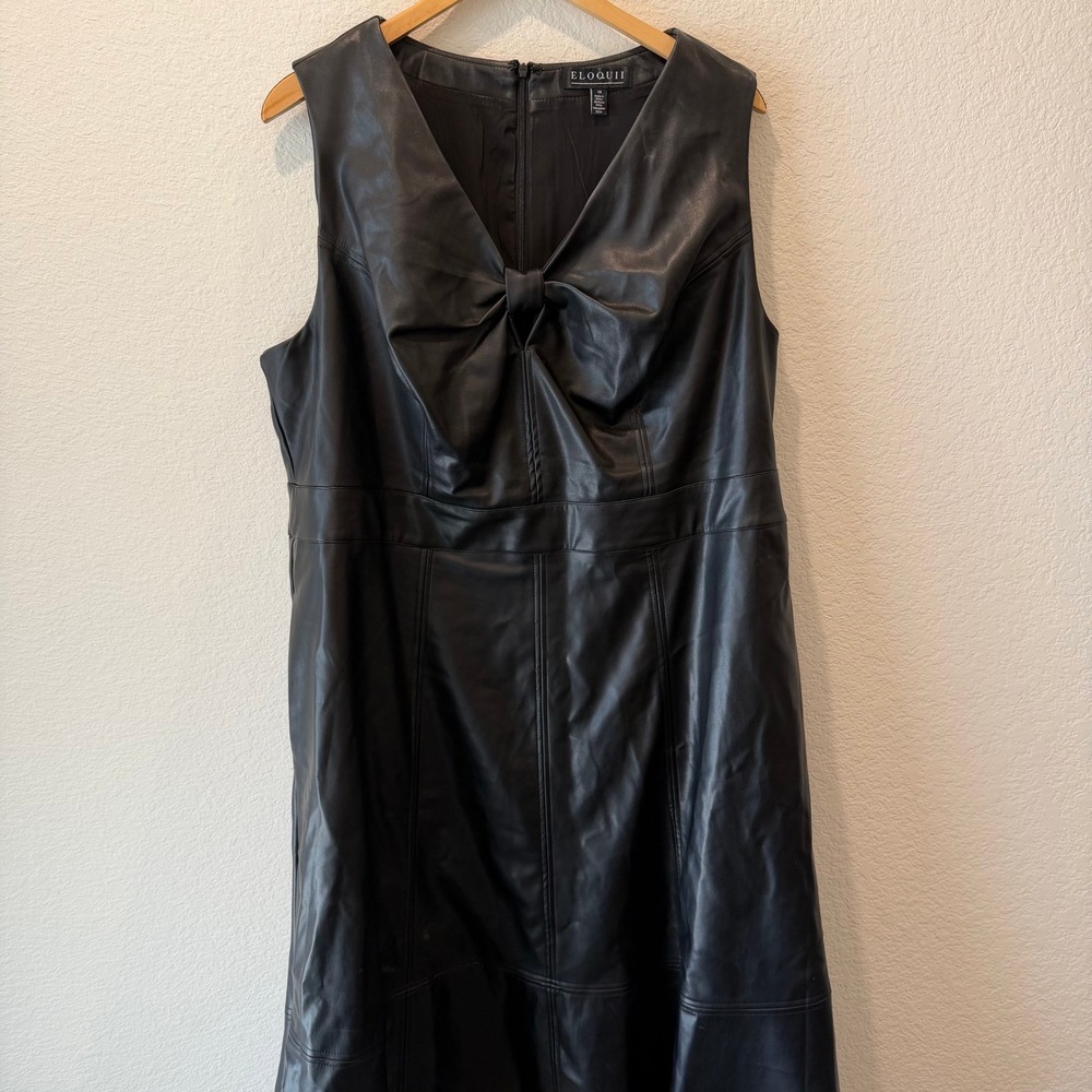 Eloquii Black Faux Leather Knot Front V-Neck Fit and Flare Midi Dress Womens 18